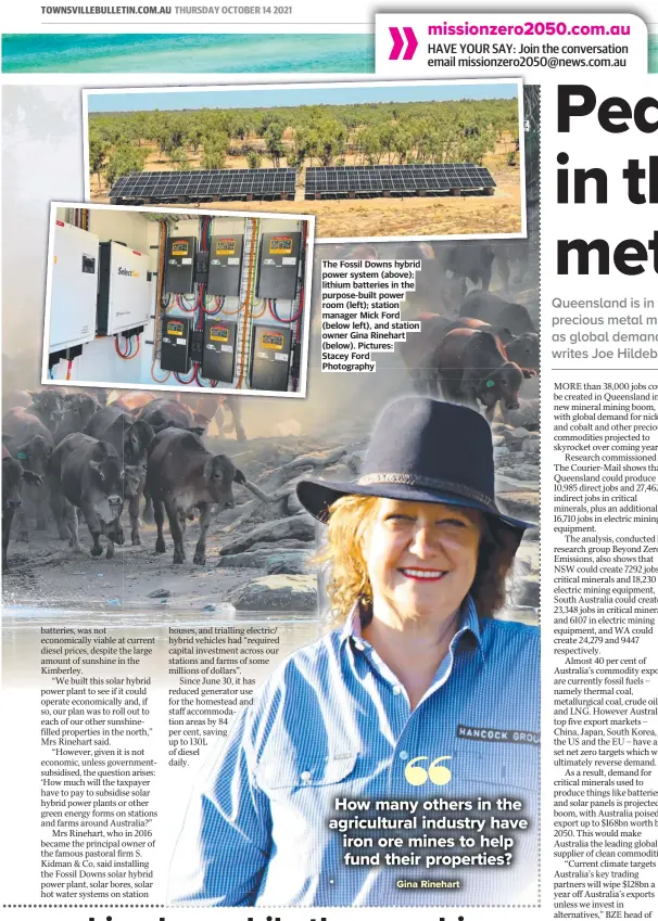  ?? ?? The Fossil Downs hybrid power system (above); lithium batteries in the purpose-built power room (left); station manager Mick Ford (below left), and station owner Gina Rinehart (below). Pictures:
Stacey Ford Photograph­y
ADVERTISER/ NEWS LIMITED STAFF HEADSHOT. Advertiser Journalist Paul Starick in The Advertiser Studio on the 4th February 2021. Picture: Tricia Watkinson