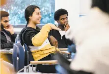  ?? Michael Short / Special to The Chronicle ?? Freshman student Emily Leon answers a question during an ethnic studies class at San Francisco State on Friday.