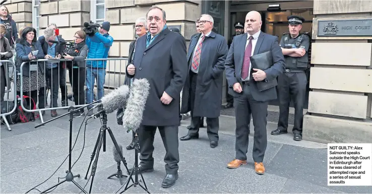  ??  ?? NOT GUILTY: Alex Salmond speaks outside the High Court in Edinburgh after he was cleared of attempted rape and a series of sexual assaults