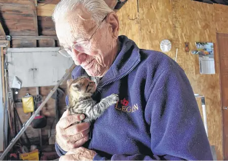  ?? ASHLEY THOMPSON ?? Leonard Gaudet, a Second World War veteran, is far from hardened from his time at war. In fact, he has a special soft spot for animals. Here, he shows a stray kitten he cares for some love. It seems the feeling is mutual.