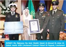  ??  ?? KUWAIT: His Highness the Amir Sheikh Sabah Al-Ahmad Al-Jaber AlSabah meets with Lieutenant Colonel Fahad Al-Yaqoub, Lieutenant Colonel Salem Al-Mell and Major Nasser Fawaz Al-Sabah. — Amiri Diwan and KUNA photos