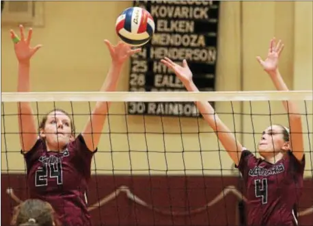  ?? PETE BANNAN — DIGITAL FIRST MEDIA ?? Garnet Valley’s Erin Patterson, right, here with teammate Sam Mann in a match earlier this but the Jaguars fell in a classic fifth set to North Allegheny in the PIAA state semifinals. season, had 22 kills Tuesday