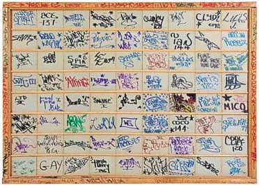  ??  ?? WickedGary’sTagCollec­tion, 1970-72, which showcases ink-drawn ‘tags’, or signatures used by more than 64 graffiti artists. The work functions as a who’s who of new york graffiti writers, and includes tags by the movement’s pioneers such as Phase II,...