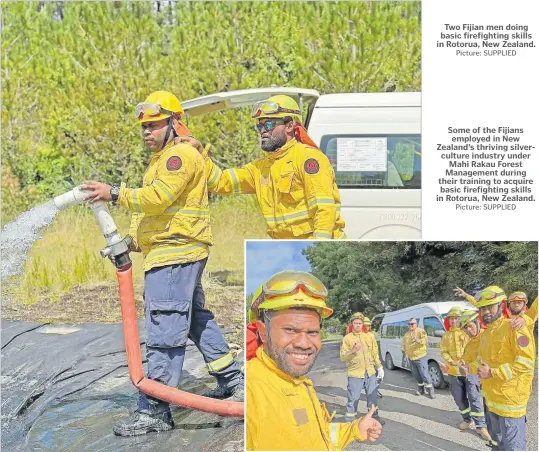  ?? Picture: SUPPLIED ?? Two Fijian men doing basic firefighti­ng skills in Rotorua, New Zealand.