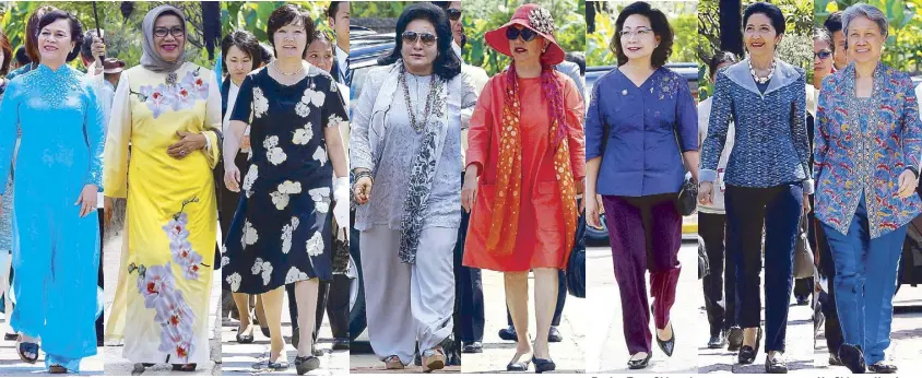  ??  ?? Mai Thi Hanh, wife of Vietnam President Truong Tran Sang Mufidah Kalla, wife of Indonesian Vice President Jusuf Kalla Akie Abe, wife of Japanese Prime Minister Shinzo Abe Datin Seri Hajah Rosmah Mansor, wife of Malaysian Prime Minister Najib Razak Susan Chu, wife of Taiwan Representa­tive Vincent Siew Regina Tong Ching-yi, wife of Hong Kong Chief Executive Leung Chun-ying Naraporn Chan-o-Cha, wife of Thailand Prime Minister Prayut Chan-o-Cha Ho Ching, wife of Singapore Prime Minister Lee Hsien Loong