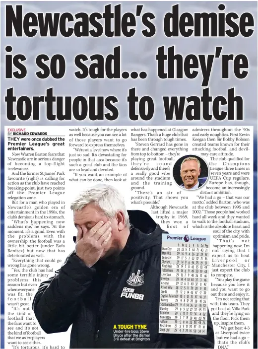  ??  ?? DON’T A TOUGH TYNE LOOK NOW
Under-fire boss Steve Toon boss Bruce after the dismal Steve Bruc3e-0 defeat at Brighton struggles