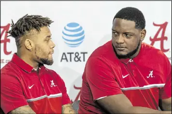  ?? VASHA HUNT / AL.COM ?? Wide receiver ArDarius Stewart (left) and offensive lineman Cam Robinson were among the group that carried the Crimson Tide to three SEC titles and one national championsh­ip. Robinson is an Outland Trophy winner.