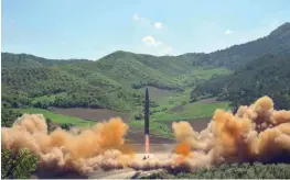  ?? AFPPIX ?? The perfect foil ... test-firing of interconti­nental ballistic missile Hwasong-14 somewhere in North Korea last month.