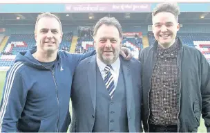  ??  ?? ●●Former Rochdale AFC matchday announcer Dave Sweetmore with club chief executive Russ Green and incoming matchday announcer Eden Bearshaw in April