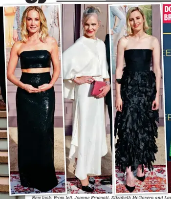  ?? ?? New look: From left, Joanne Froggatt, Elizabeth McGovern and Laura Carmichael walk the red carpet in New York. Right: Bridgerton’s Nicola Coughlan and Simone Ashley ooze glamour at a separate US event