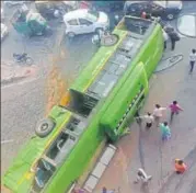  ?? SOURCED ?? The bus flipped in Timarpur, beneath the Wazirabad flyover, after a truck hit it from the rear.