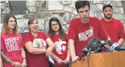  ?? DAVID WALLACE/THE REPUBLIC ?? Noah Karvelis of Arizona Educators United speaks during a press conference on Tuesday at the state Capitol.