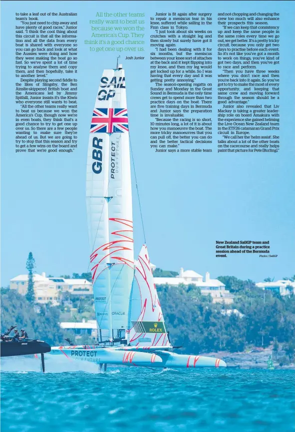  ?? Photo / SailGP ?? New Zealand SailGP team and Great Britain during a practice session ahead of the Bermuda event.