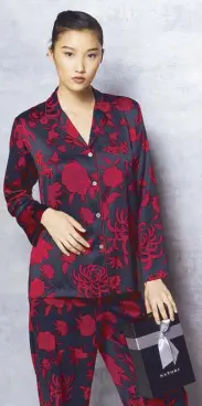  ??  ?? Natori Japonisme pajama set in black Russian red, available at Rustan's.