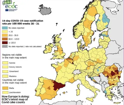  ??  ?? How Europe is doing: ECDC’s latest map of Covid case counts