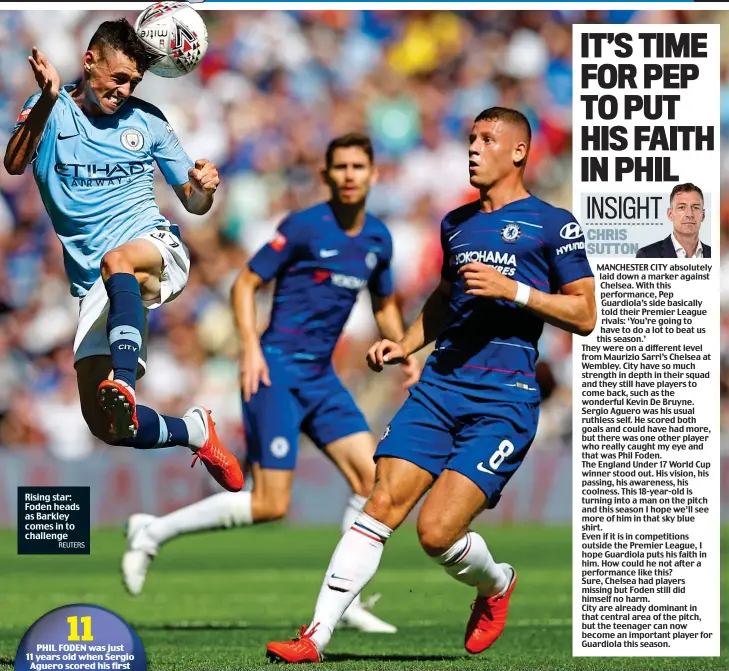  ?? REUTERS ?? Rising star: Foden heads as Barkley comes in to challenge