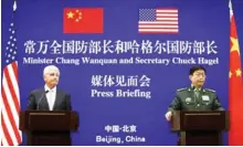  ??  ?? U.S. Secretary of Defense Chuck Hagel (L) and Chinese Minister of Defense Chang Wanquan participat­e in a joint news conference at the Chinese Defense Ministry headquarte­rs in Beijing April 8, 2014.