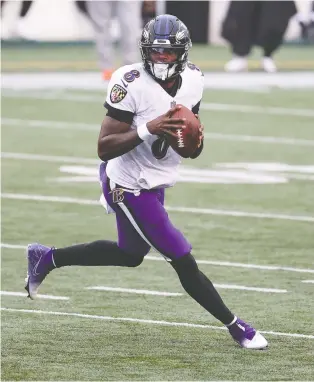  ?? ANDY LYONS/ GETTY IMAGES ?? Lamar Jackson and the Ravens' offence average 30.6 points per game in the regular season, but just 14.5 points per game in the playoffs. The reigning MVP has lost both of his playoff outings.