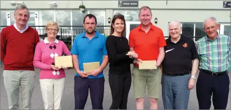  ??  ?? St Pats East Kerry golf classic winners being presented with their prizes by Tracy Coyne Internatio­nal Hotel (fourth from left) presenting (from left) Michael and Helen Howard 3rd, James Lynch 1st, Tracy Coyne, Jim Morris 1st, Pat Delaney...