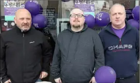  ??  ?? Fran O’Connor, Myles Mulally and Joe Doyle collecting outside Dunnes on Cystic Fibrosis Awareness Day.