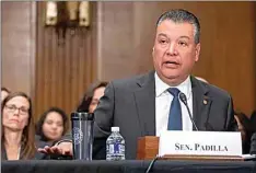  ?? ALEX BRANDON / AP ?? Sen. Alex Padilla, D-Calif., speaks during a Senate Health, Education, Labor and Pensions confirmati­on hearing on April 20 in Washington.