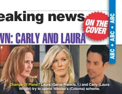 ?? TODD WAWRYCHUK/ABC; PHOTOS: ABC ?? Change Of Plans? Laura (Genie Francis, l.) and Carly (Laura Wright) try to upend Nikolas’s (Coloma) scheme.