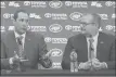  ?? SETH WENIG/AP ?? Jets head coach Adam Gase, left, speaks while general manager Mike Maccagnan looks on Monday.
