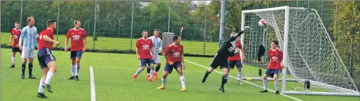  ?? Match report and photos: Derek Black ?? A sign of things to come for Saints as Goldenhill’s Steven Dock rattles the post in the 10th minute.