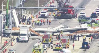  ?? WPLG-TV/THE ASSOCIATED PRESS ?? Emergency personnel work at the scene of a collapsed pedestrian bridge in the Miami area. The bridge was under constructi­on.