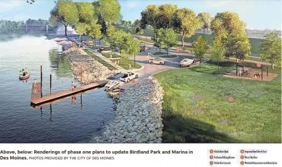  ?? PHOTOS PROVIDED BY THE CITY OF DES MOINES ?? Above, below: Renderings of phase one plans to update Birdland Park and Marina in Des Moines.