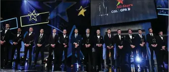  ??  ?? The full line-up of All Stars hurling winners at the Convention Centre in Dublin.