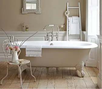  ?? ?? Boldly neutral: A bathroom painted in greige tones from Little Greene