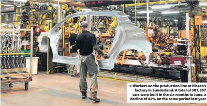  ??  ?? > Workers on the production line at Nissan’s factory in Sunderland. A total of 381,357 cars were built in the six months to June, a decline of 42% on the same period last year