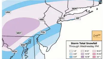  ?? EMPIRE WEATHER ?? This graphic from Empire Weather shows the expected snowfall totals for the region through Wednesday.