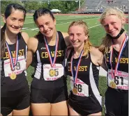  ?? KEV HUNTER/MEDIANEWS GROUP ?? Central Bucks West’s 4x400relay of (l-to-r) Claire Dalsass, Justine Maraska, Carlin McFadden and Kate Edenson won gold in Class 3A.