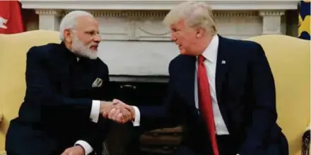  ?? REUTERS PIC ?? US President Donald Trump shaking hands with Indian Prime Minister Narendra Modi at the White House last year. The strained bilateral ties between India and the US hit a new low, and the much hyped dialogue between the two nations has been postponed.