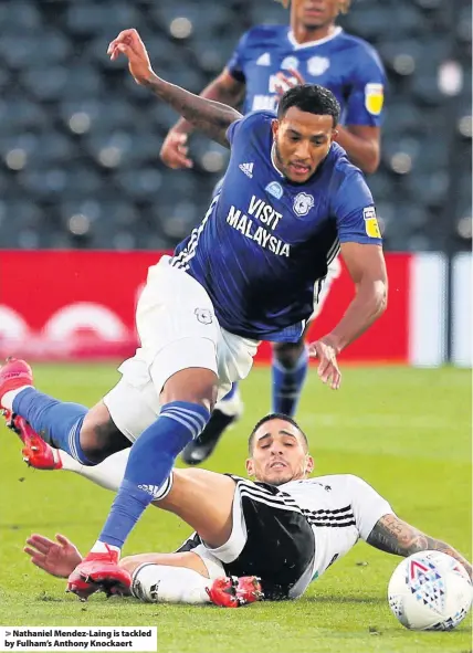  ??  ?? > Nathaniel Mendez-Laing is tackled by Fulham’s Anthony Knockaert