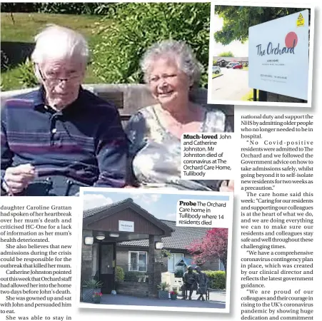  ??  ?? Much-loved John and Catherine Johnston. Mr Johnston died of coronaviru­s at The Orchard Care Home, Tullibody
Probe The Orchard Care home in Tullibody where 14 residents died