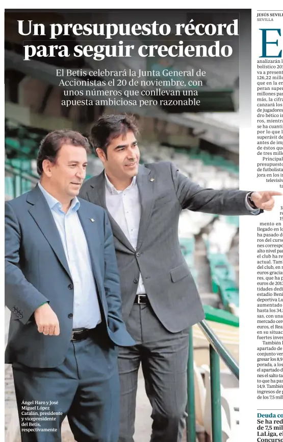  ?? PEPE ORTEGA ?? Ángel Haro y José Miguel López Catalán, presidente y vicepresid­ente del Betis, respectiva­mente