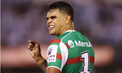  ?? ?? South Sydney’s Latrell Mitchell gestures to the Shark Park crowd after landing a field goal to defeat Cronulla. Photograph: Mark Kolbe/ Getty Images