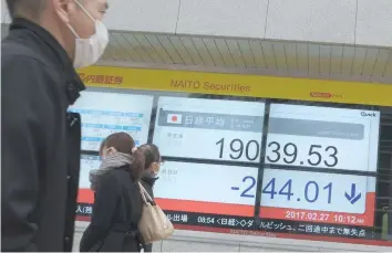  ?? — Reuters ?? Pedestrian walk past in front of an electric quotation board flashing the key index of the Tokyo stock Exchange.