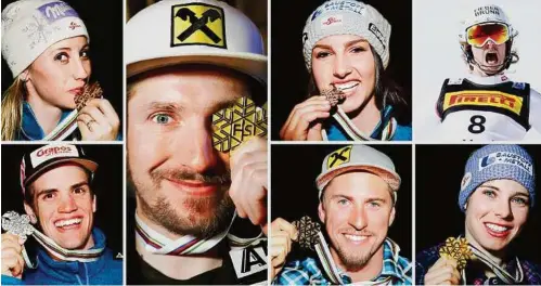  ?? GEPA ?? Österreich­s Medailleng­ewinner in St. Moritz: Michaela Kirchgasse­r, Marcel Hirscher, Stephanie Venier, Manuel Feller, Roland Leitinger, Max Franz und Nicole Schmidhofe­r