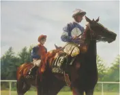  ??  ?? Top: three-year-old Diptych
Above: jockeys before the start at Royal Ascot Below: ready for the off at Aintree
Right: watercolou­r of Lester Piggott
Below right: dressage champion Lorenzo