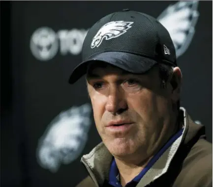  ?? MATT ROURKE — THE ASSOCIATED PRESS ?? Philadelph­ia Eagles head coach Doug Pederson speaks with the media during a news conference at the team’s training facility Monday.