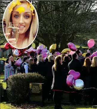  ??  ?? Mourners arrive at Newton Mearns Cemetery for the burial of Danielle Hosie. They released balloons as she was laid to rest Pictures: Colin Mearns