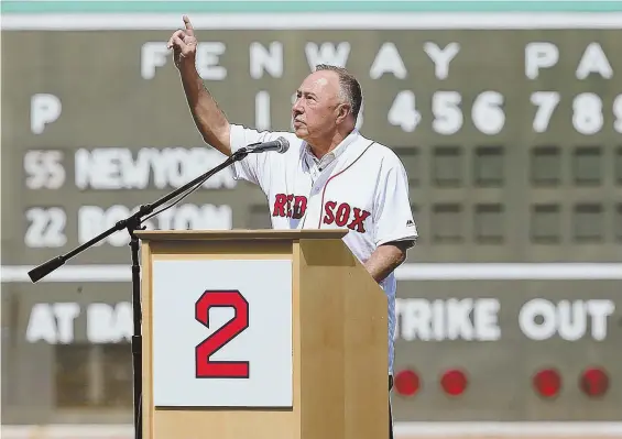  ?? STAFF FILE PHOTO BY NANCY LANE ?? NO. 2 IN YOUR PROGRAM, NO. 1 IN OUR HEARTS: Longtime broadcaste­r and former Red Sox player, Jerry Remy is honored in a pre-game ceremony at Fenway Park last August. It was revealed yesterday that Remy was diagnosed again with cancer.