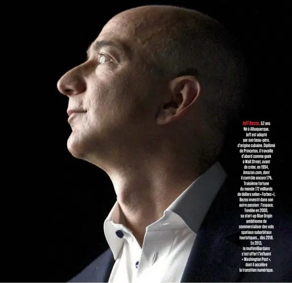  ??  ?? Jeff Bezos, 52 ans Né à Albuquerqu­e, Jeff est adopté par son beau-père, d’origine cubaine. Diplômé de Princeton, il travaille d’abord comme geek à Wall Street, avant de créer, en 1994, Amazon.com, dont il contrôle encore 17%. Troisième fortune du monde...