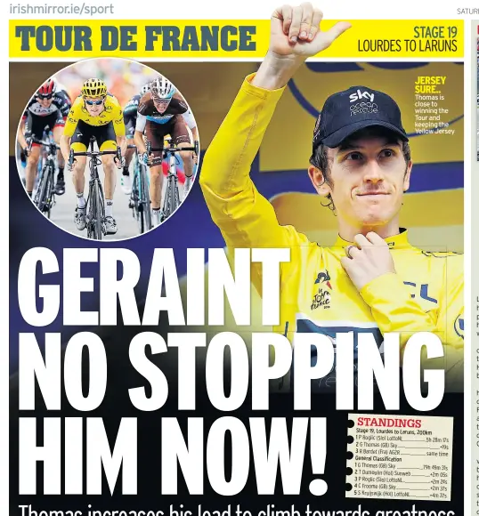  ??  ?? JERSEY SURE.. Thomas is close to winning the Tour and keeping the Yellow Jersey