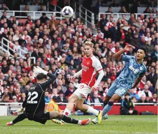 ?? (Reuters) ?? Aston Villa’s Ollie Watkins (right) scores past Arsenal’s goalkeeper David Raya during the Premier League match at the Emirates Stadum in London yesterday.