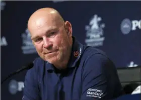  ?? JEFF ROBERSON — THE ASSOCIATED PRESS FILE ?? In this Tuesday file photo, Thomas Bjorn, of Denmark, captain of the 2018 European Ryder Cup team, speaks during a news conference at the PGA Championsh­ip golf tournament, at Bellerive Country Club in St. Louis.